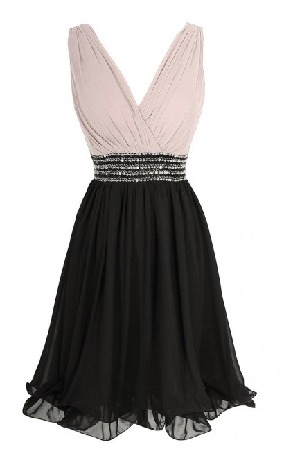 Black and Mink Pleated Crossover Embellished Chiffon Designer Dress